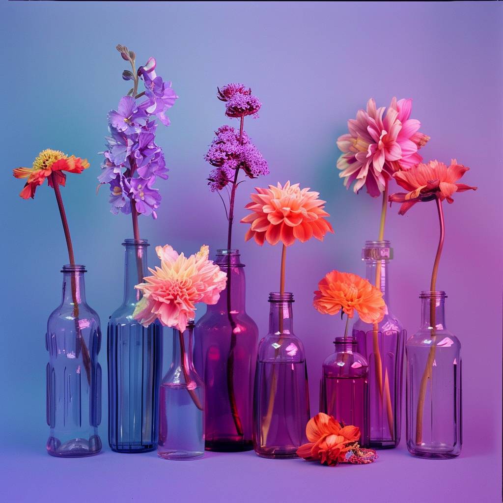 コンセプチュアルな静物写真、ボトルに入った詳細で鮮やかなピンクとオレンジの花、紫の平坦な背景、粒子状のフィルターで80年代の鋭いコントラストを表現したものです