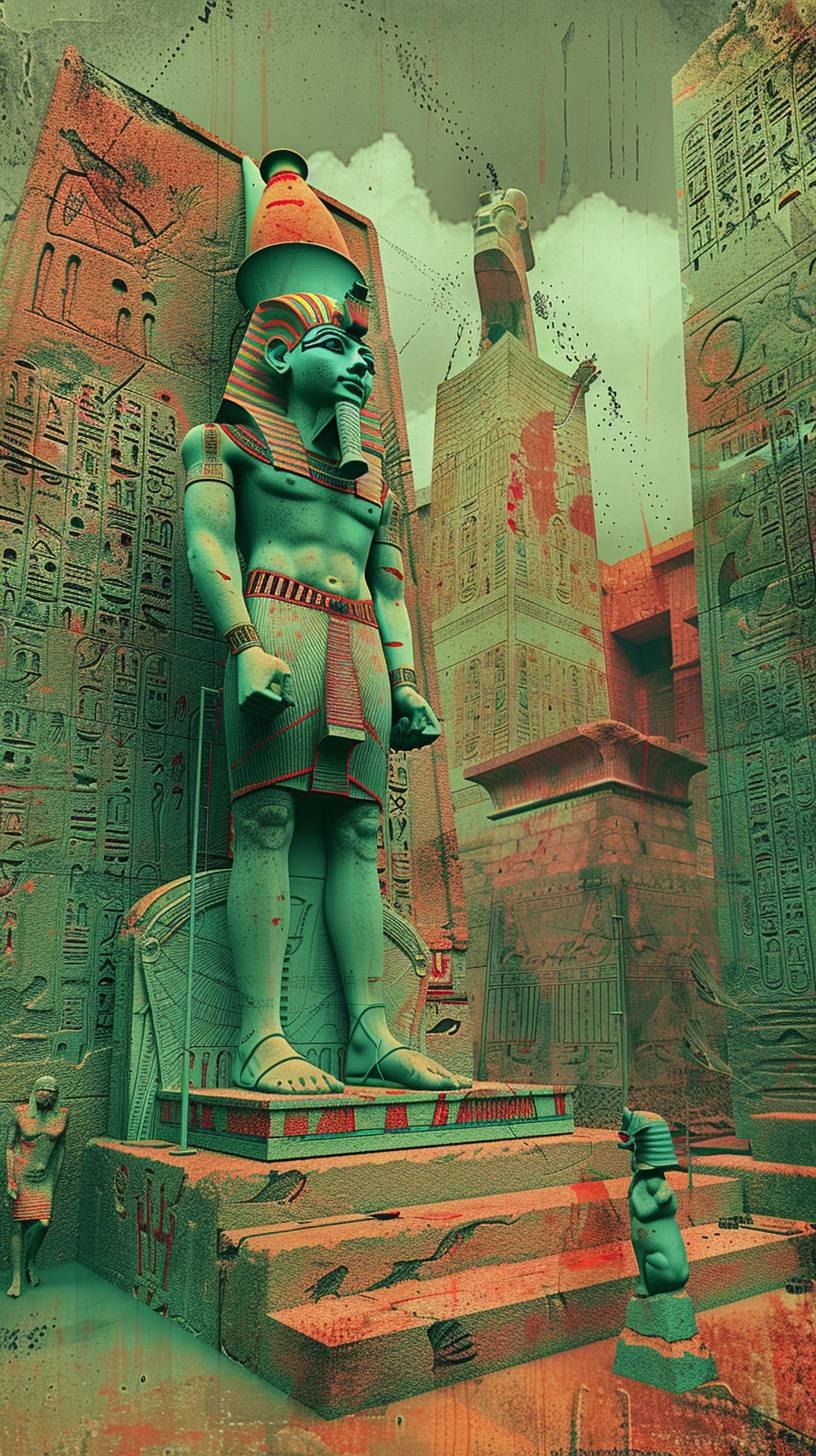 壮大な寺院にいる古代エジプトのファラオ、壁には複雑なヒエログリフが刻まれており、黄金の器物と壮麗な建築があります。