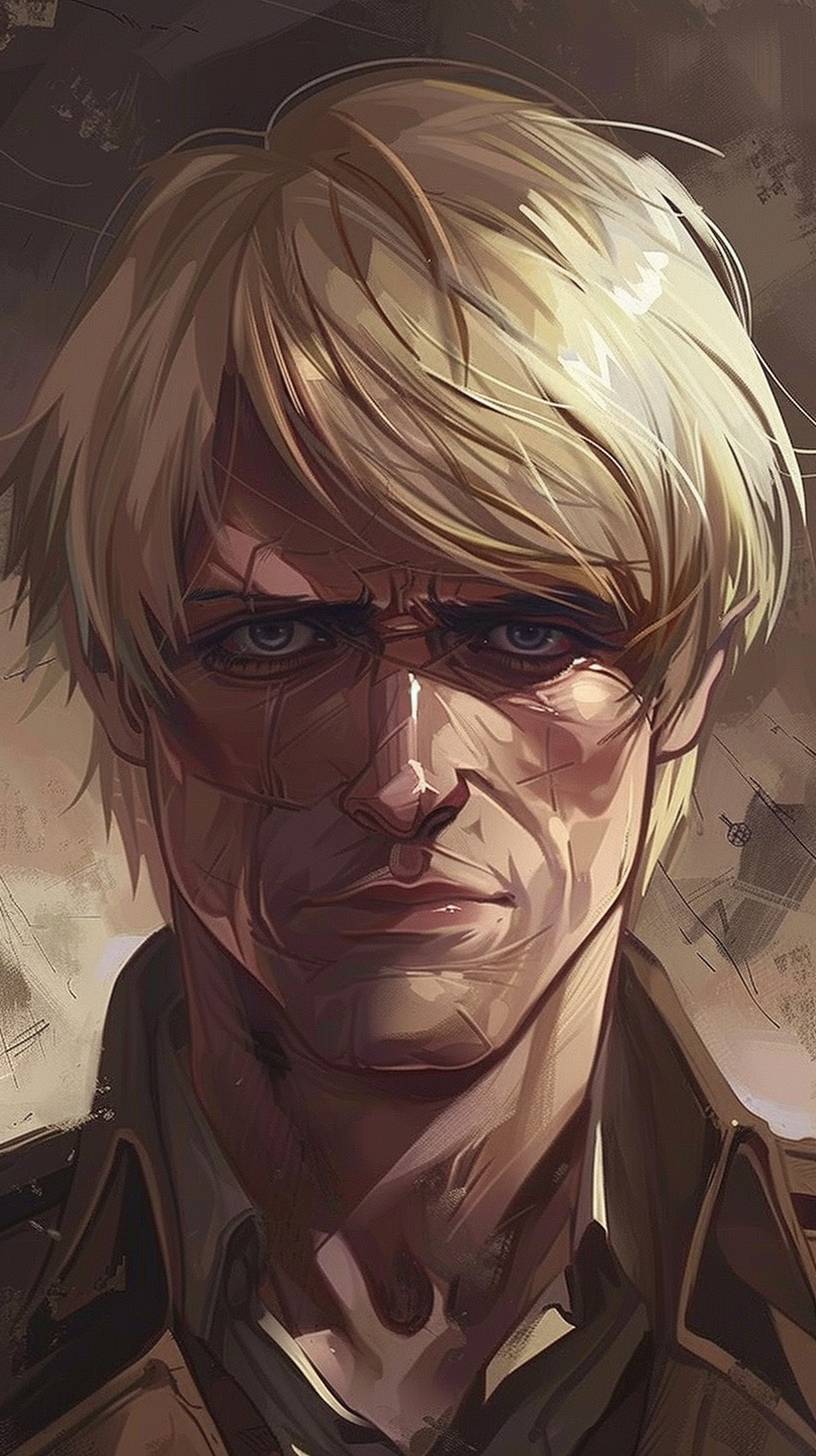 Create a detailed portrait of Armin Arlert from 'Attack on Titan', aged 70 years old. He should have a hairstyle that mirrors the provided image: short blonde hair with a slight tousled look, parted slightly to one side, and with strands falling naturally over his forehead. Armin should have slightly thicker, more prominent eyebrows. His face should display the signs of aging, with visible wrinkles and grey streaks in his hair, but maintain a kind and gentle expression. The background should include elements that hint at his strategic mind, like a map or books, in a warm, study-like setting. His eyes should still reflect his intelligence and kindness.