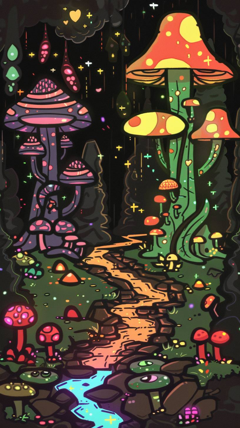 Fantasy forest with giant mushrooms, glowing flora, mystical creatures, and a crystal-clear stream winding through the trees, vibrant colors.