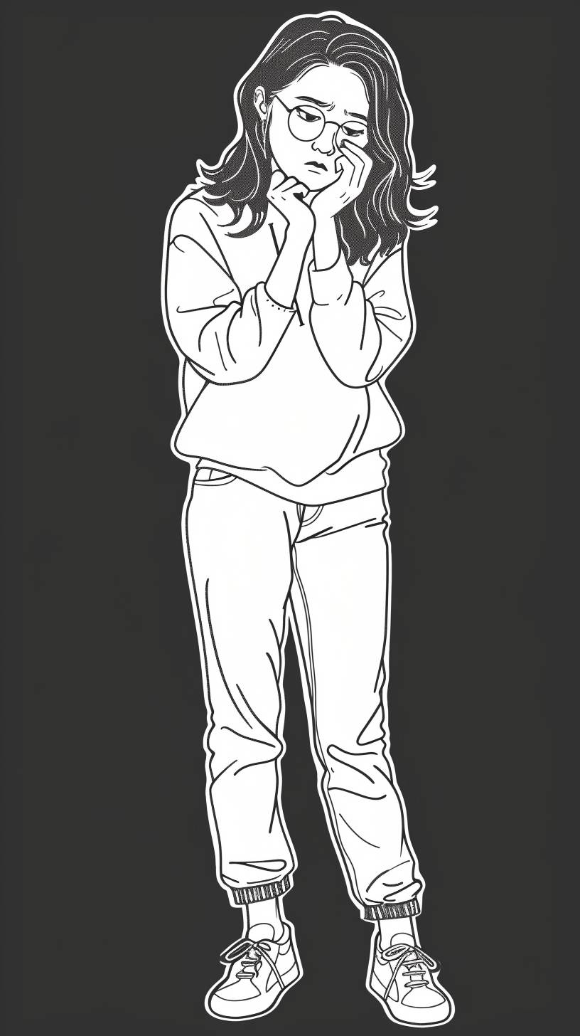 Coloring picture of a sad Asian woman thinking of something on a black background, cartoon style with clear borders.