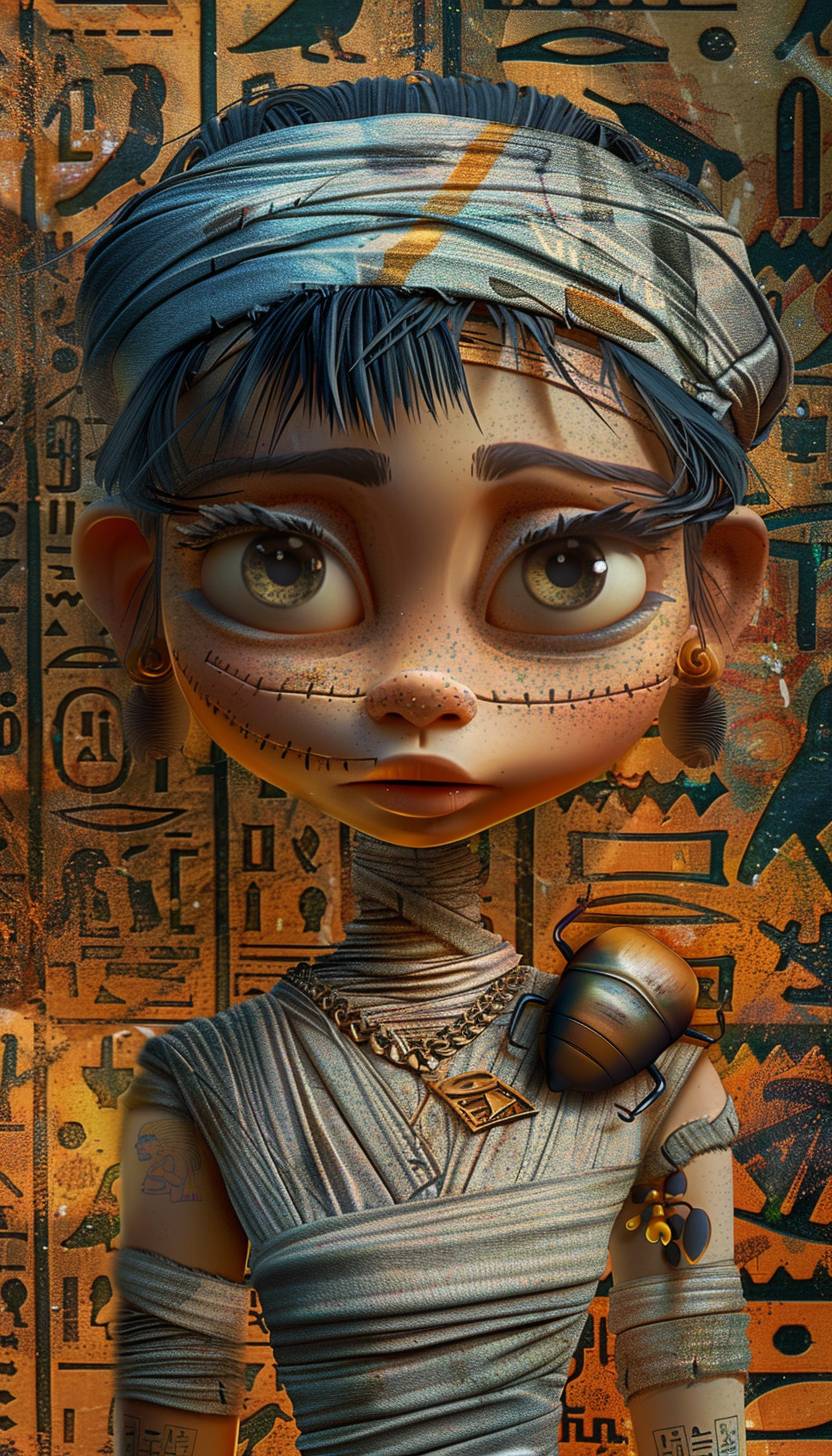 若きで風変わりなエジプトの女性のミイラを描いたポートレート、楽しく活気に満ちており、アンクや甲虫などのエジプトのシンボルが多数描かれている、ピクサーの人気子供向け映画スタイル