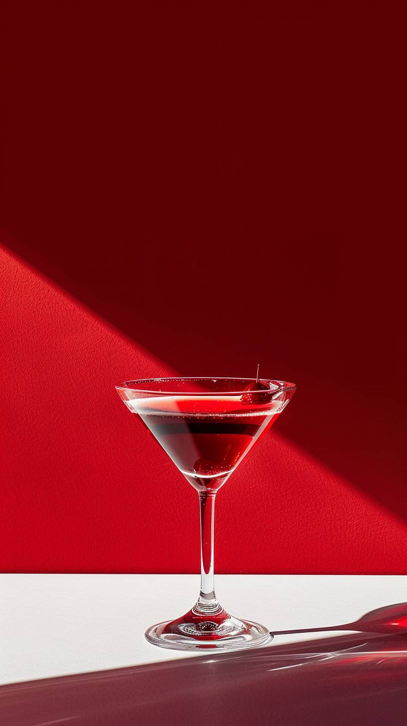 Imagine a cocktail on a white table with a red background.