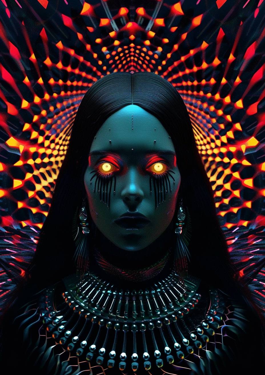 Cyberpunk witch, gold glowing eyes, silver jewelry, vast haunted OpenAI NSA data center