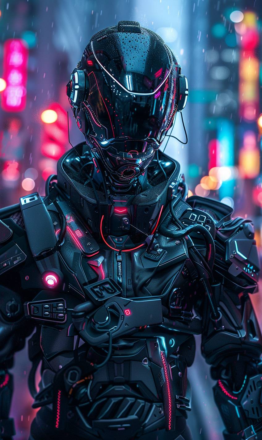 Cyberpunk man with black carbon fiber armor, enhanced with robotic parts, futuristic city background, illuminated by neon lighting, front angle view, inspired by Blade Runner movie, cinematic, epic realism, highly detailed 8k