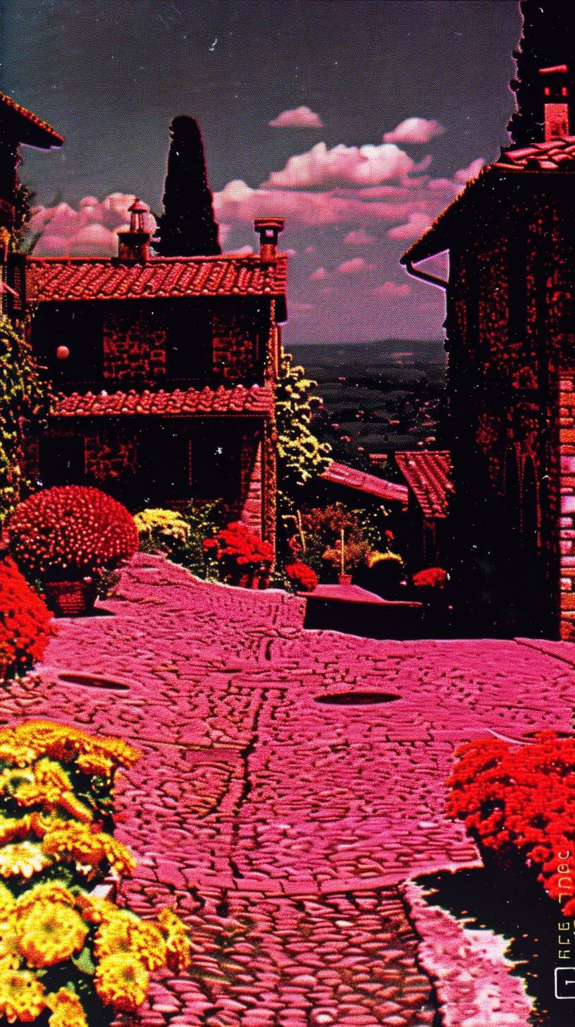 春のトスカーナの風情ある村、咲き乱れる花々、石畳の道、絵のような家々、温かく魅力的な雰囲気。
