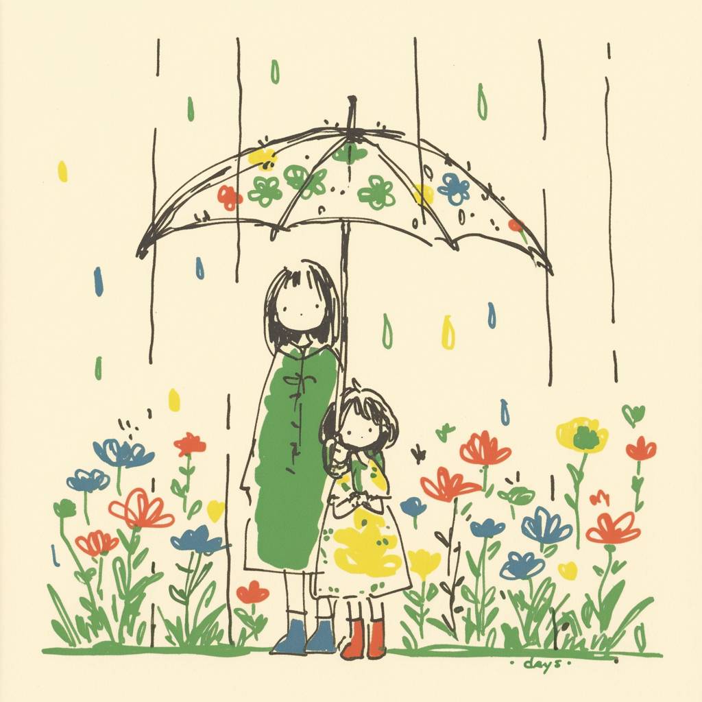 A girl and her mother holding a large umbrella, wearing bright expressions, on a rainy day with a bright atmosphere in the background. On the empty space next to the umbrella, there is a handwritten "rain days". The large umbrella, with clear lettering, symbolizes warmth and joy, freshness, and a bright mood, resembling a photo.