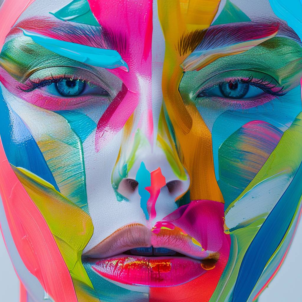 Bold and beautiful close-up portrait photo, face paint, porcelain doll, vertical glitch art, sacred geometry, vivid colors, symmetrical, minimalism