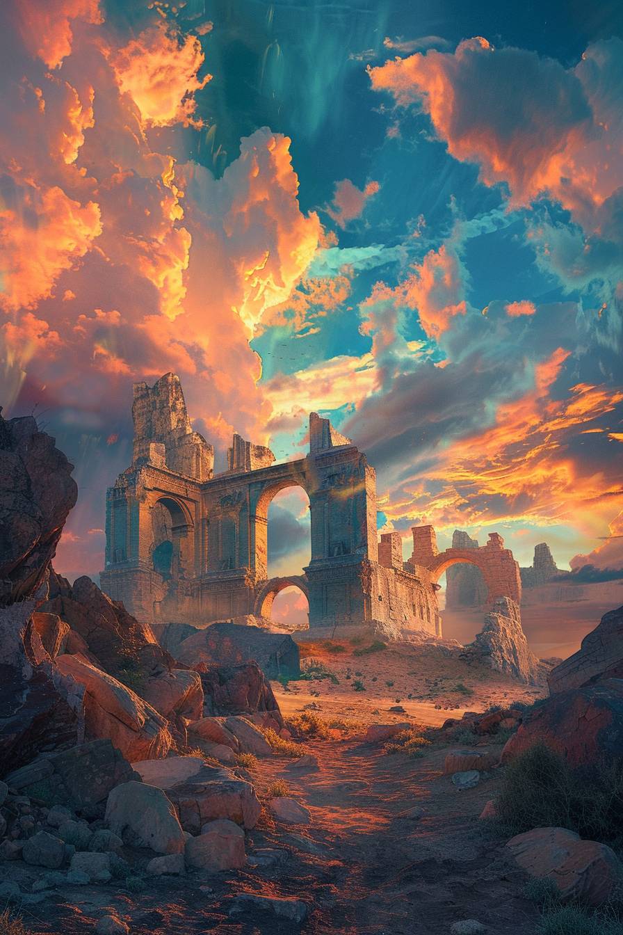 The ancient ruins in 'Dreamy Dawn', as the first rays of saffron golden sunlight pierce through the turquoise and salmon pink clouds, the serene landscape in a warm, ethereal glow --ar 2:3 --v 6.0