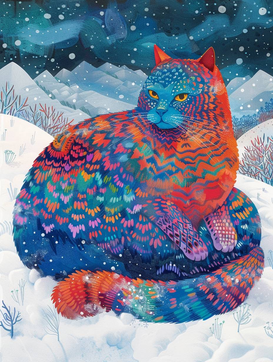 Abstract giant cat, whimsical life, magical enchanted dream prairie, vibrant, magical, mystical eternal winter, surreal, hyperdetailed, magical, stunningly beautiful, brillante color, by Ryo Takemasa --ar 3:4 --style raw --v 6.0