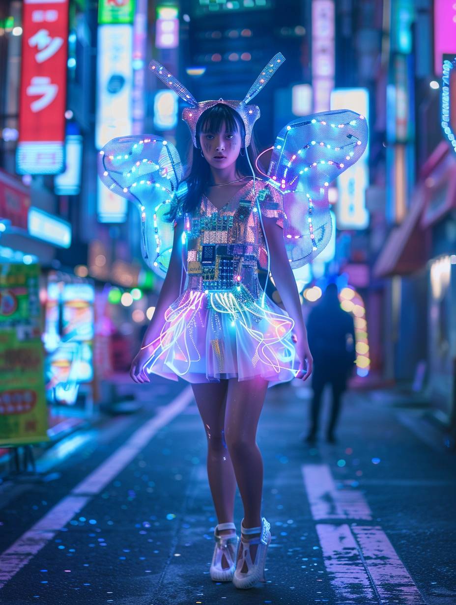 A full body fashion photo features a model in a neon lights dress with futuristic hair accessories and holographic wings made from a circuit board and fiber optic lights. Set in the streets of Shibuya city at night, this image highlights a detailed portrait with depth of field.