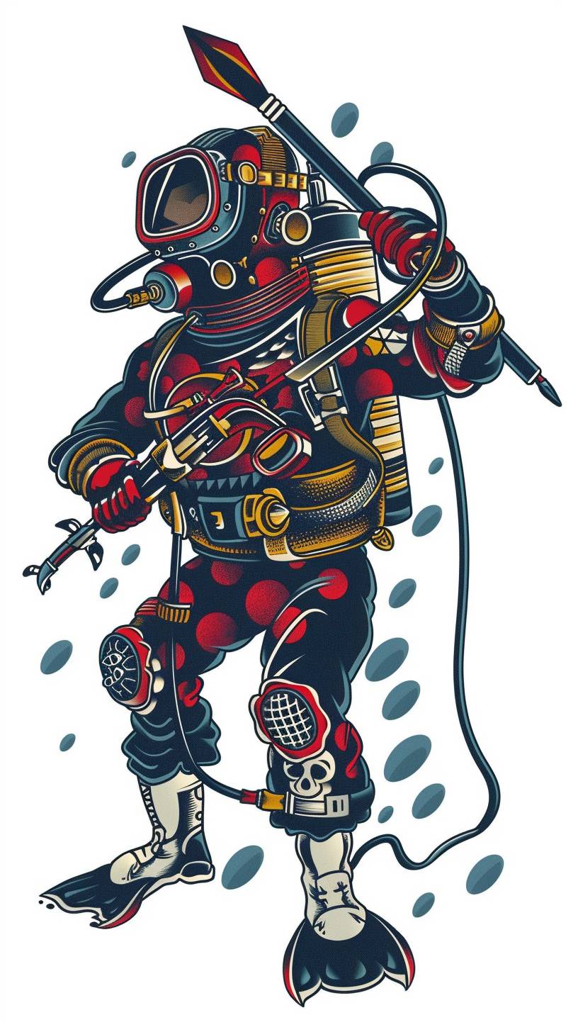 Traditional tattoo scuba diver with speargun, traditional tattoo, simple, vector art, sticker, white background