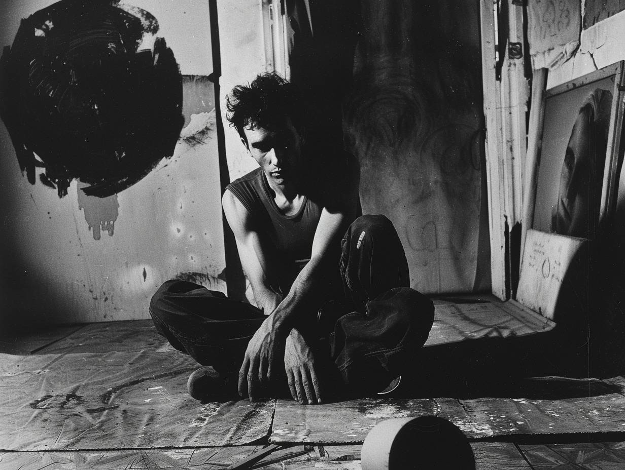 A black and white photo of a man sitting on the floor, studio portraiture, John Lurie, George Stefanescu, portrait, performance
