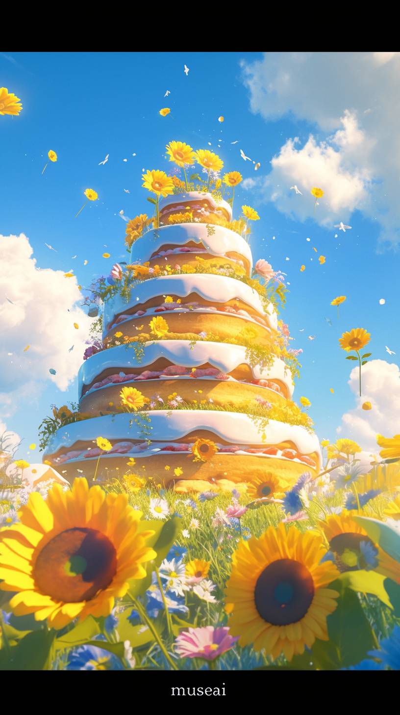 3D style, various small cakes jumping on the spring grass, interesting, colorful, green grass, sunflowers, blue sky, big title 'musesai', C4D, oc rendering