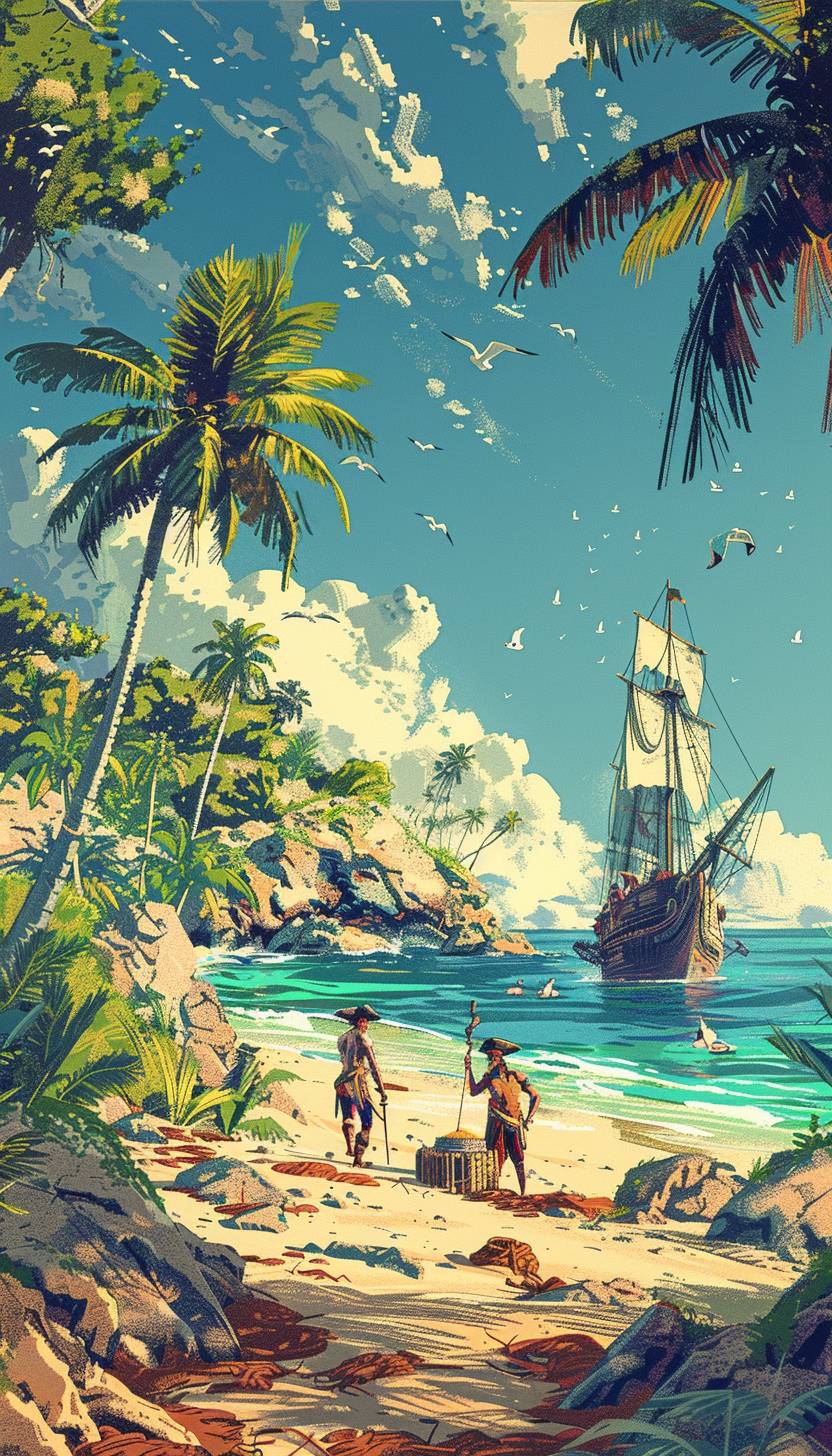 In the style of Kawase Hasui, a pirate crew is burying treasure on a deserted island