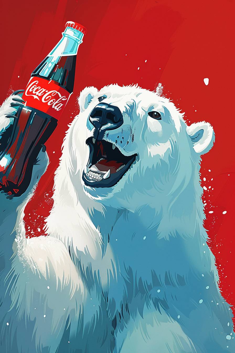 An illustration design poster of a friendly white polar bear holding a Coca Cola bottle