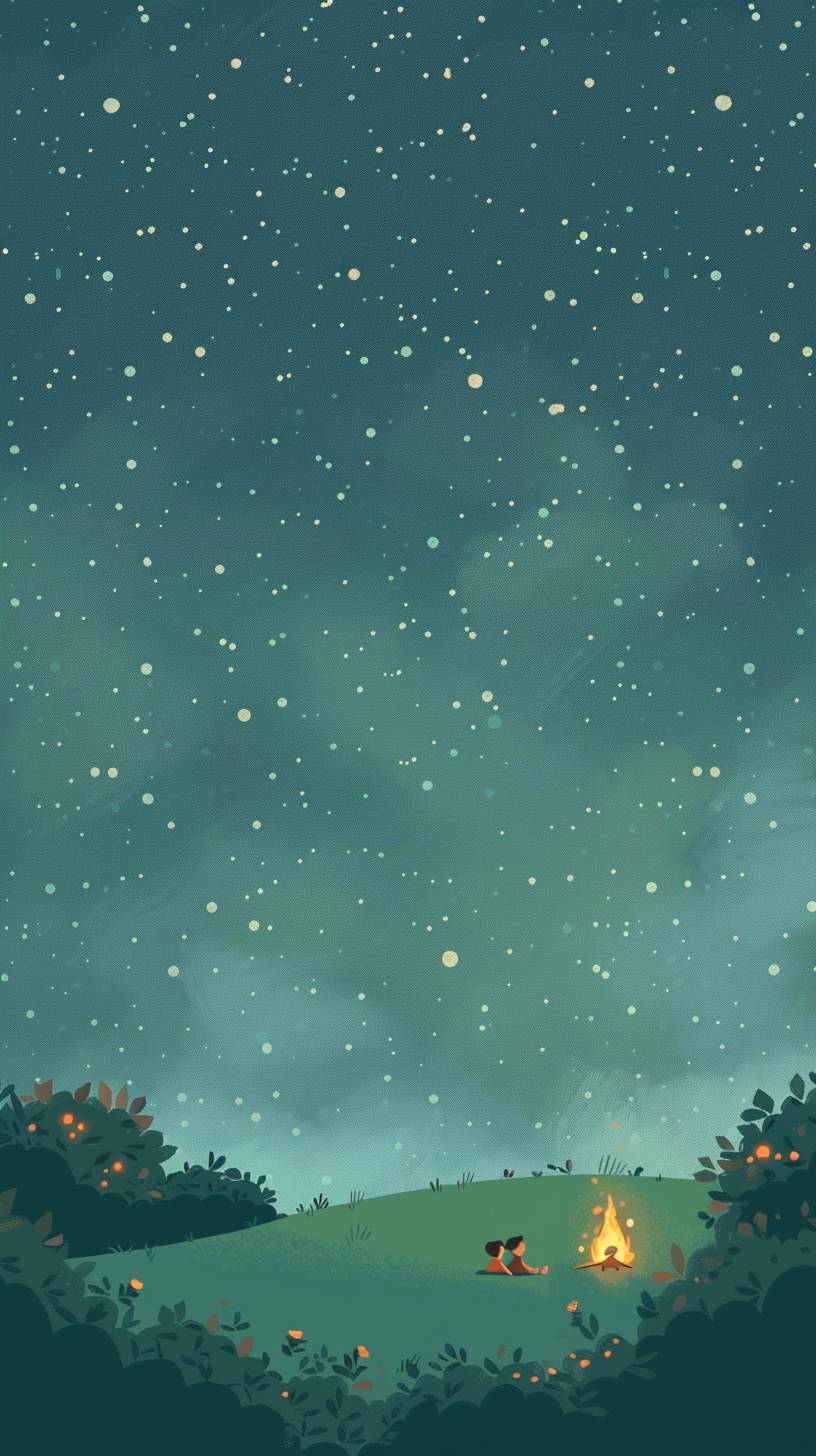 An abstract minimalist illustration depicting a green landscape under a starry sky at night. In the distance, children are sitting around a bonfire, with no other visible lights present.