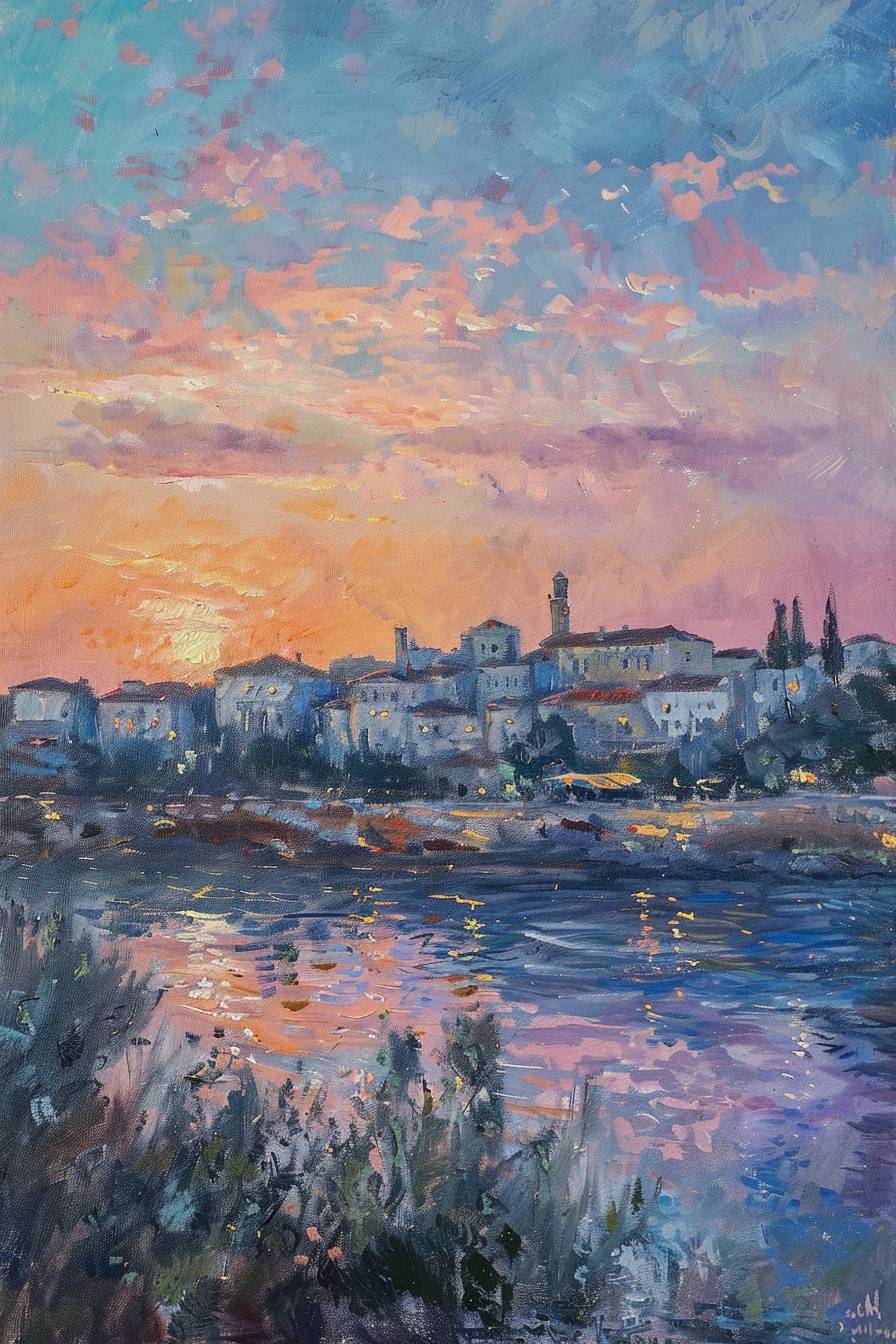 Paphos Cityscape Skyline in Cyprus, Dusk, By Claude Monet --ar 2:3  --v 6.0