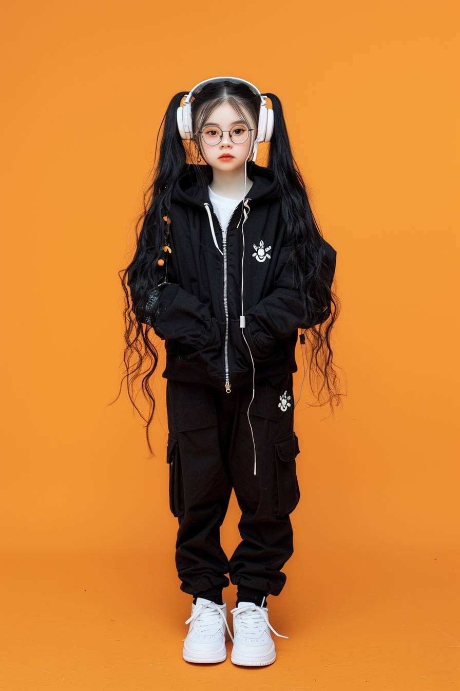 A cute Chinese girl with black long hair, wearing glasses and headphones on her head, dressed in trendy, stands upright against an orange background. She is also wearing white sneakers, while the photo captures full body shots of children. The model showcases various fashionable outfits for boys, including black cargo pants, sports jackets, baseball caps, t-shirts, jeans, etc., with high-definition photography and professional studio lighting. The photography is in the style of high resolution.