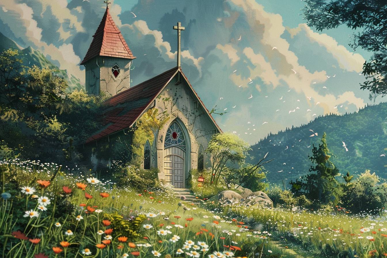 In style of Eiichiro Oda, stunning natural landscape, church