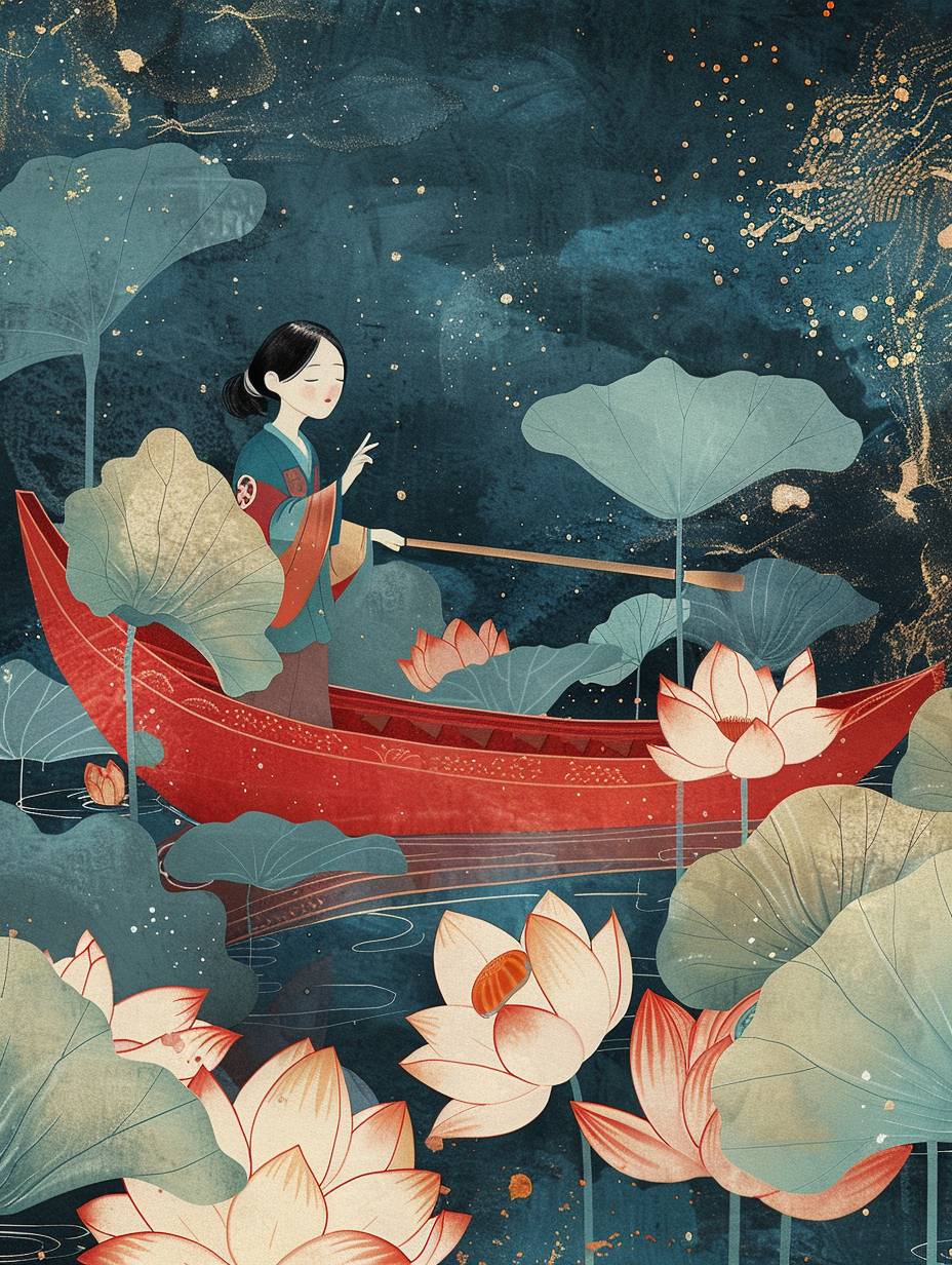 Illustrated female rowing a big red boat with lotus in her hands, in Japanese abstract style, in the style of Bauhaus, repeat photography, illustration for children's book, Angula Kai, delicate flower, historical illustration, I can't believe how beautiful this is, high detail, hyper quality, high resolution, HD, 16K