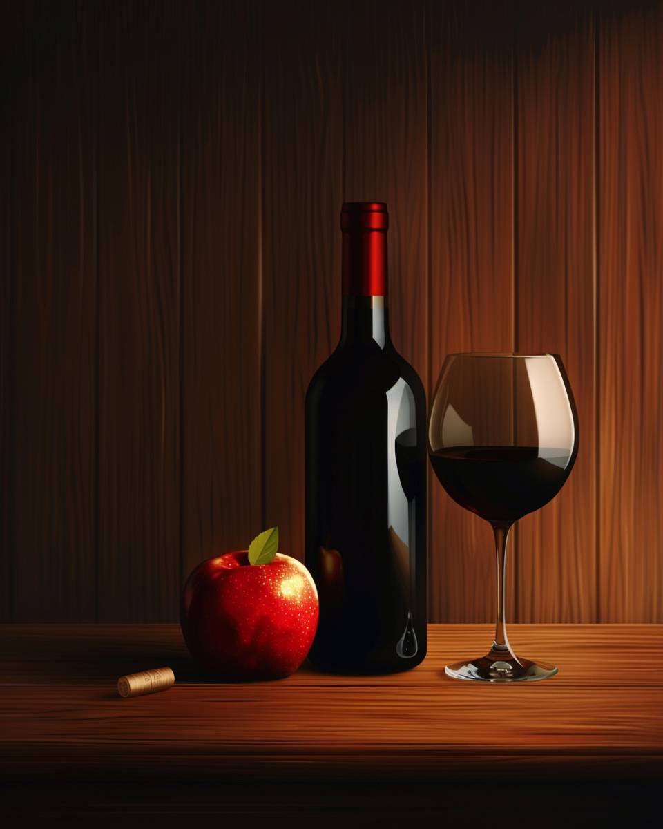 A photo-realistic modern and brightly-lit still life, taken from a low angle, featuring an open bottle of red wine, a half-full wine glass, and an apple on a lacquered wood tabletop.