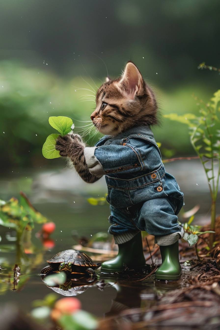 公園の池のそばで，かわいいデニムのつなぎとレインブーツをはいたリアルな子猫がひざまずいて，亀に野菜の葉っぱを与えている写真。