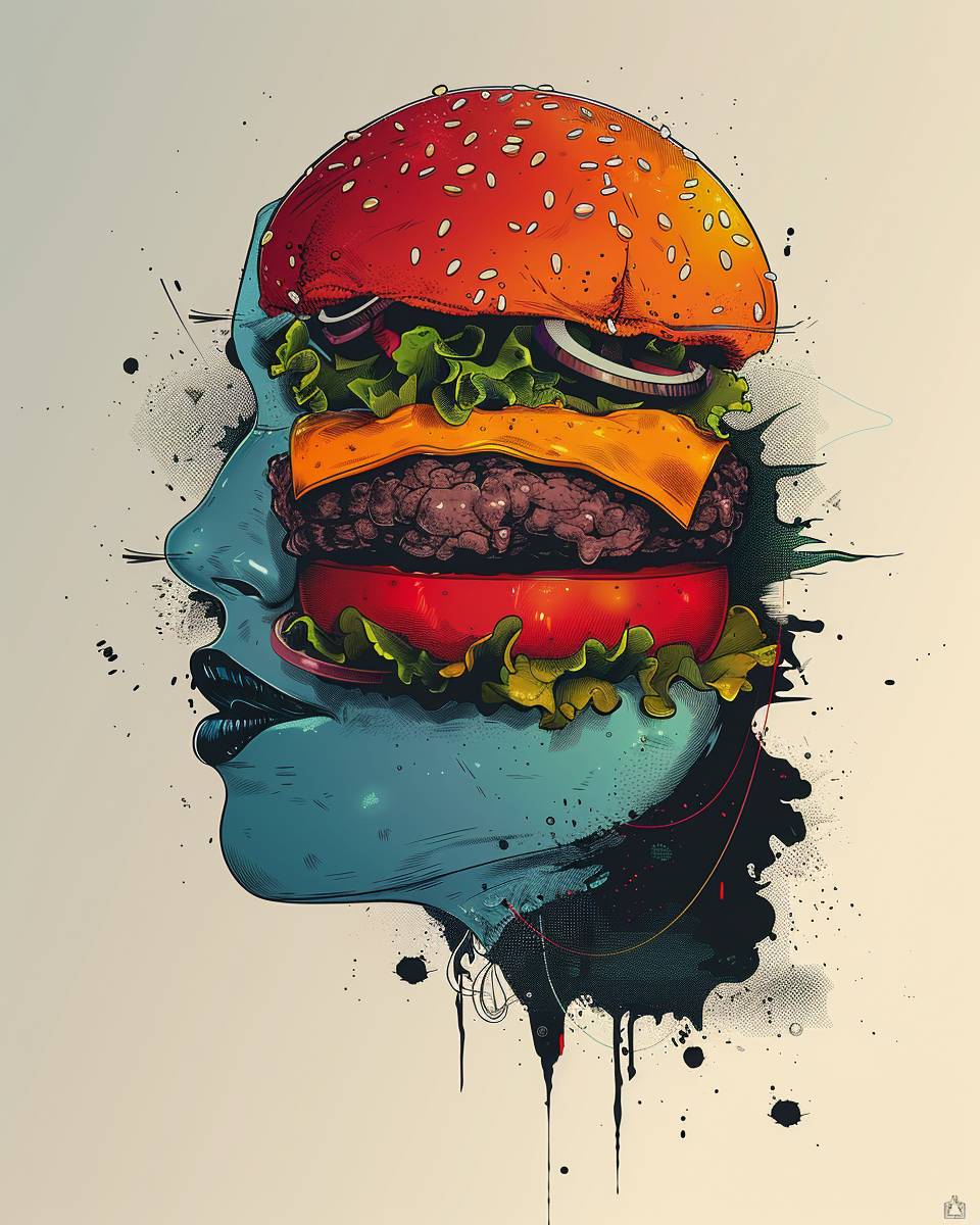 T-shirt design, vector contour, flat illustration in the style of leopard Goro Fujita of an abstract fat man face made with stacked burger buns and filling, pastel colors