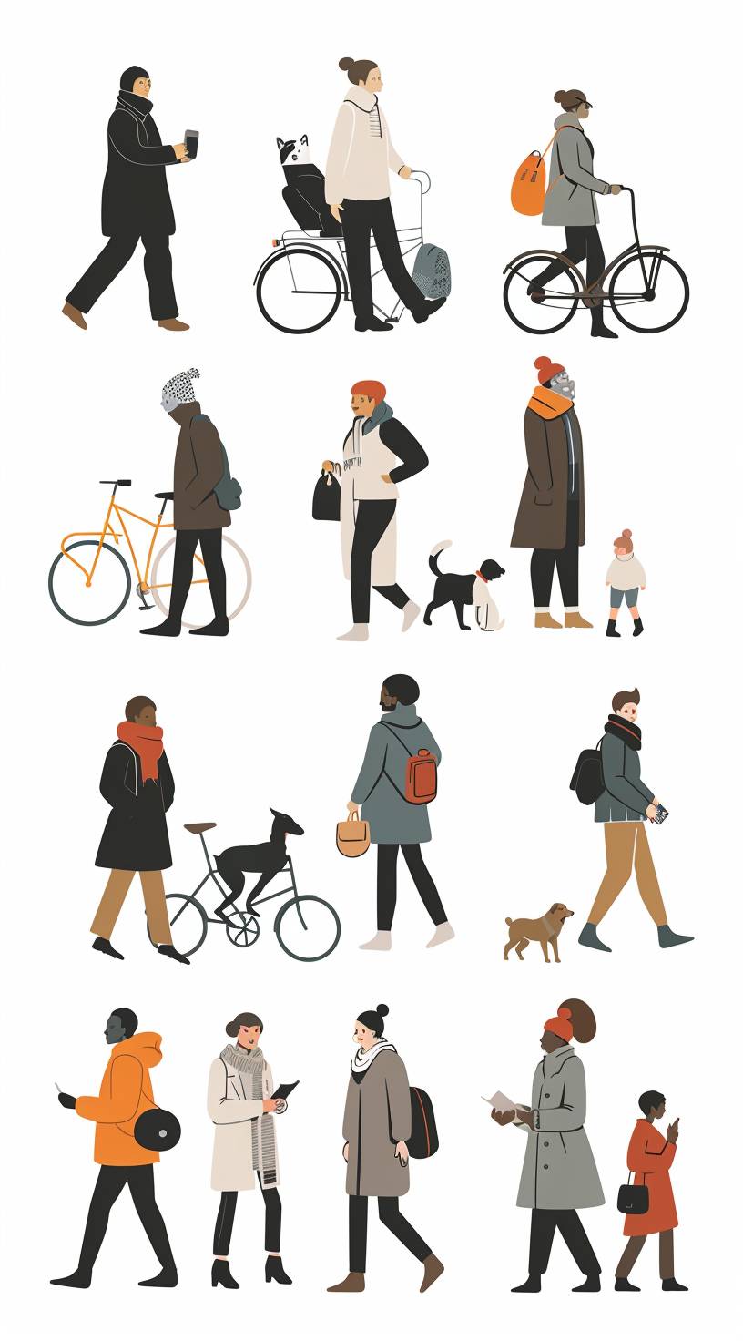 各種活動をする様々な人々のフラットなイラストです。例えば、傘と犬を連れて散歩したり、自転車に乗ったり、本を読んだりします。人々は年齢、性別、肌の色に多様性を持たせています。背景は白色で、それによって人物とその行動が際立っています。文字はありませんので、注意は人物の姿に集中することができます。すべての要素には、明瞭に対比するための単一の配色スキームがあります。フラットデザインとミニマリストデザインのスタイルで描かれています。