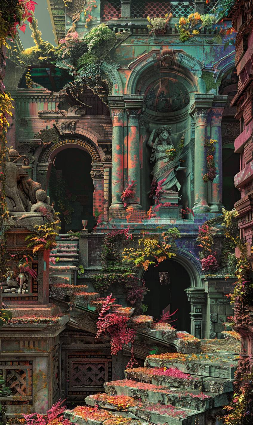 Ancient ruins with crumbling structures, statues, and overgrown vines, all composed of bold, colorful patterns, showcasing a 3D effect, creating a sense of history and mystery.