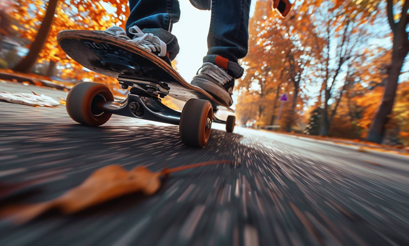 Action photo of downhill skateboarding, worms eye view