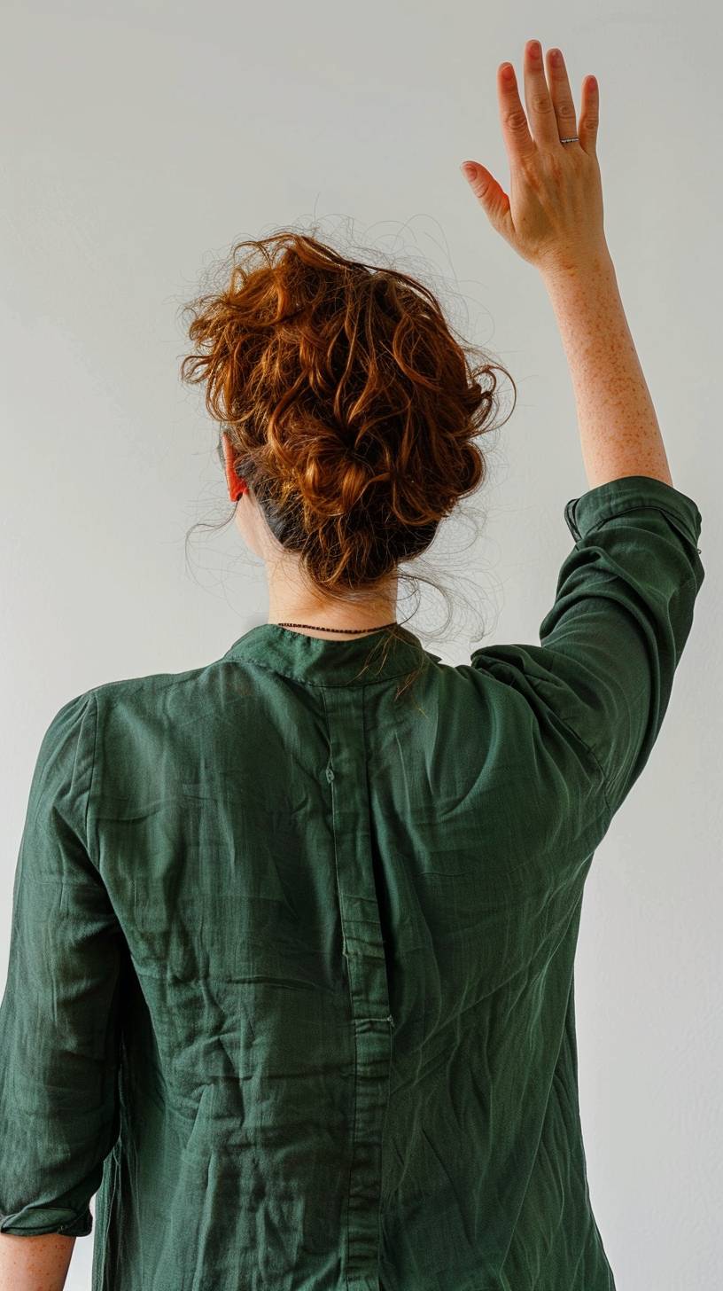 Woman of 40 years seen waving hand from the back on a white background