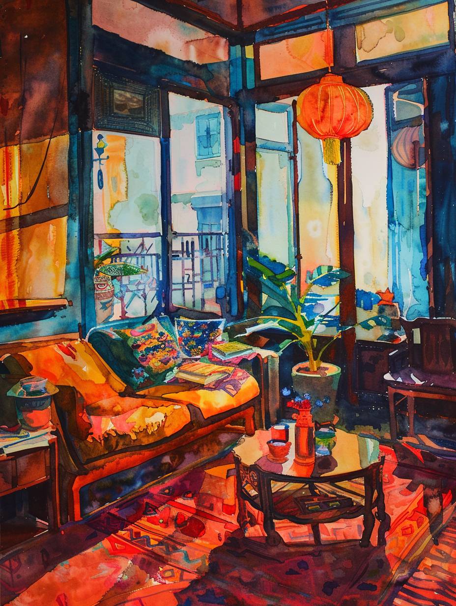 a painting of a cozy living room, Asian modern interior decoration style, bright light, warm visuals, bright colors