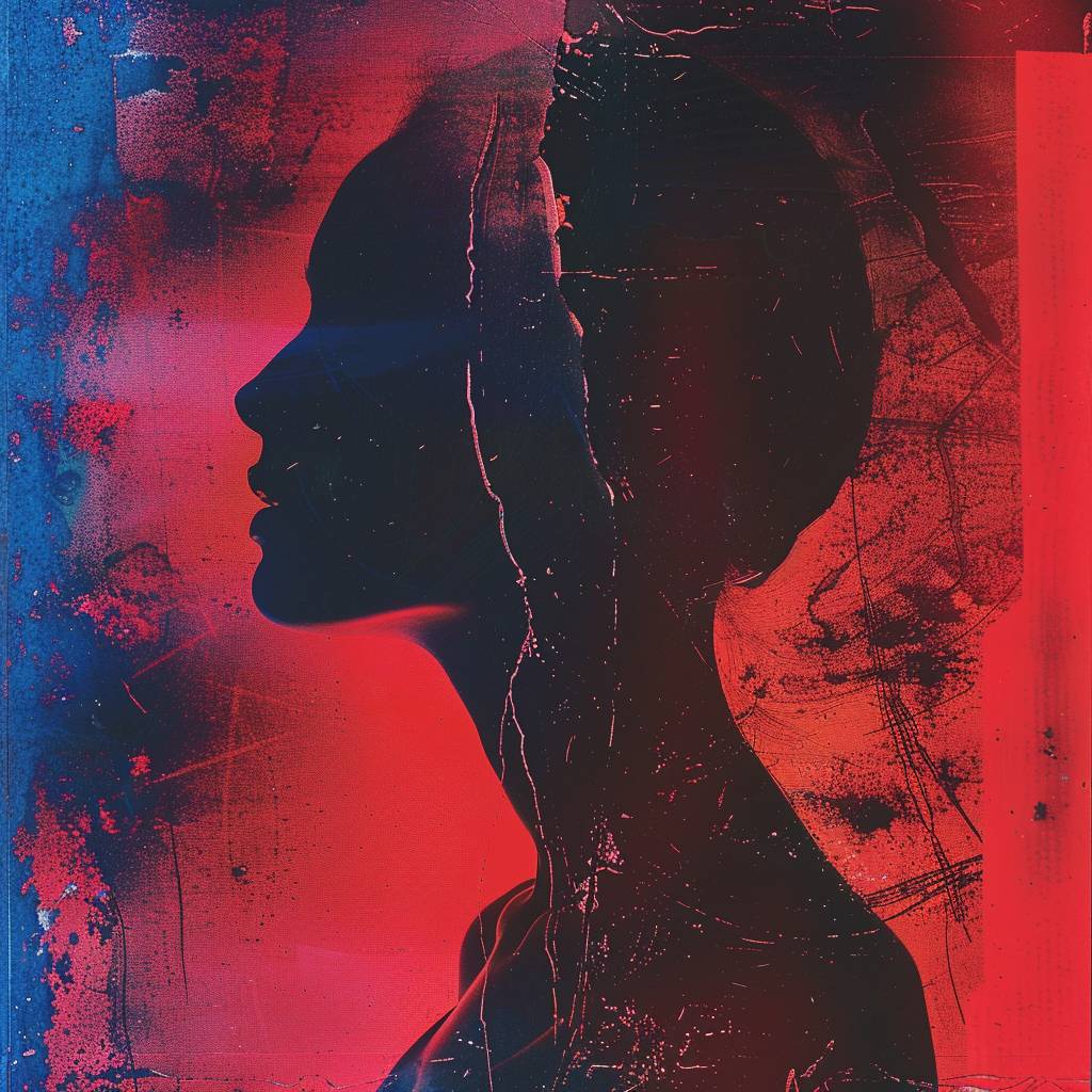 A red and blue psychedelic background with a black silhouette of a [SUBJECT], in the style of polaroid photography, bulb photography, flash