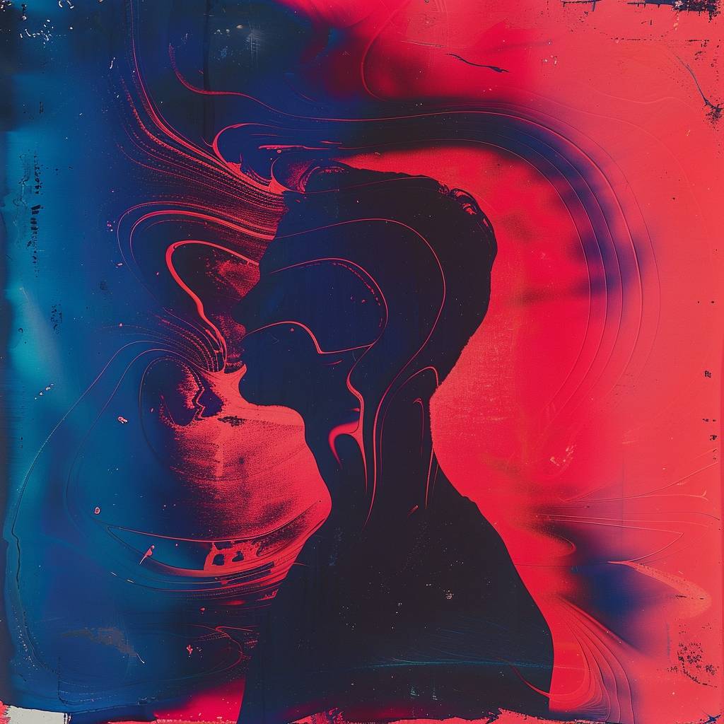 赤と青の幻覚的な背景に、ポラロイド写真、電球写真、フラッシュのスタイルで描かれた黒いシルエットがあります