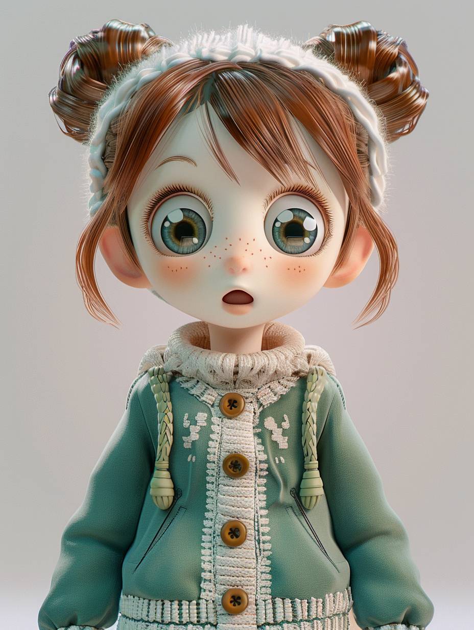 3D rendering of cute anime girl with big eyes, surprised expression, full body shot, Pixar style, high resolution, high detail