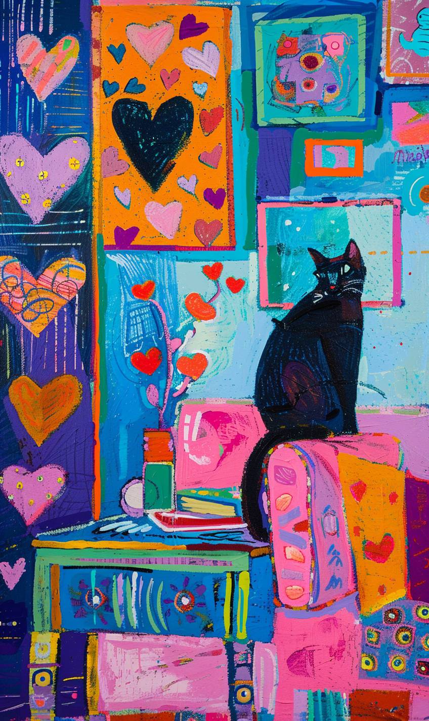 Risograph artwork featuring a holographic scene with a cat, created using oil pastels in the art style of Itzchak Tarkay. The design includes many heart patterns and showcases rich front and back views. Color blocks are expressed in a simplistic way, reminiscent of surrealism. The colors are mainly bright and colorful, resembling the roughness of oil painting and sketchy fauvism, in the style of Maira Kalman and Matisse. The parameter information has been filtered.