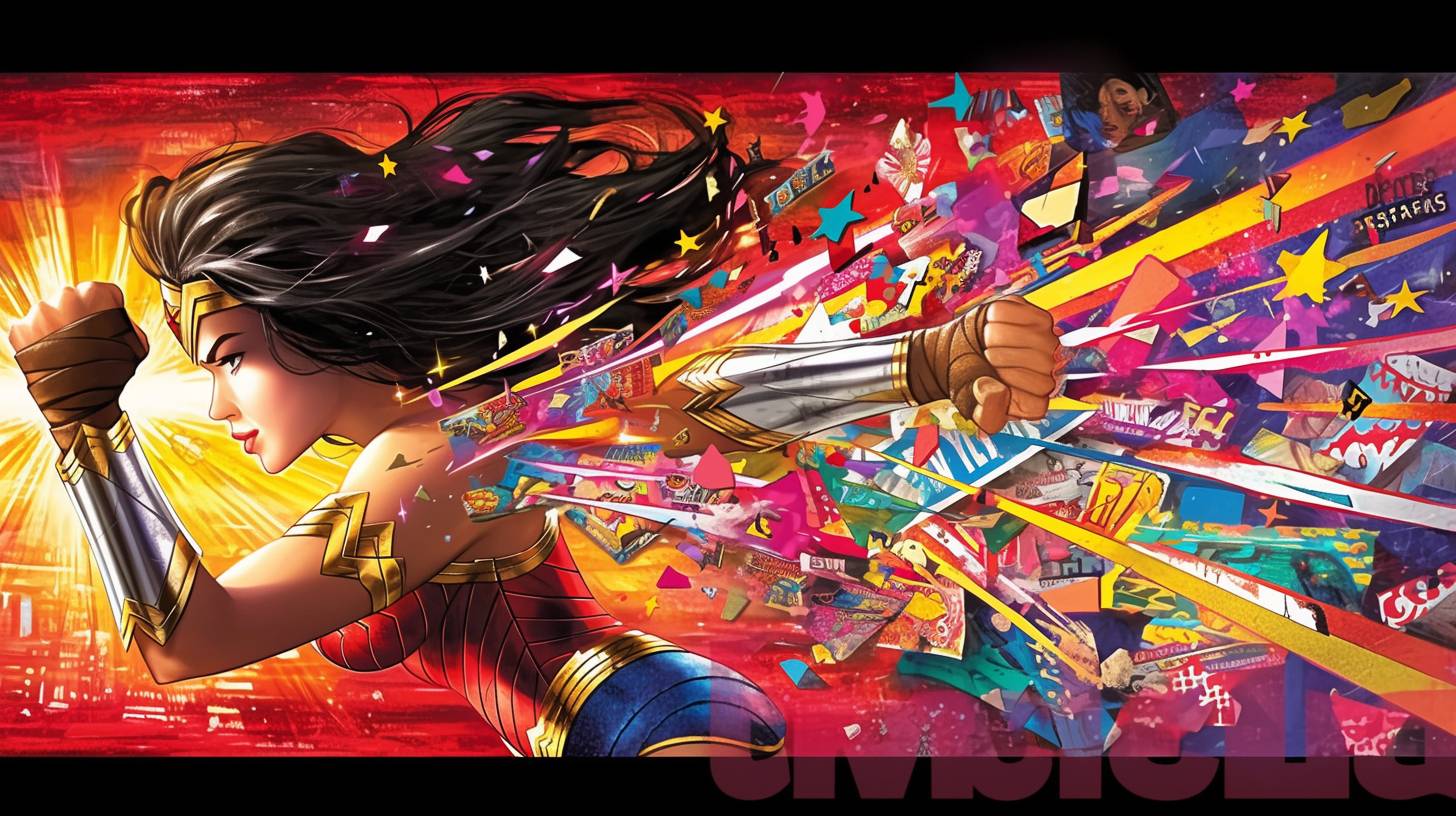 Wonder Woman, in the style of bold and graphic compositions, mosaic-like collages, pop culture mashup, multiple screens, light red and light bronze, Magali Villeneuve, macro zoom, outlandish energy, contemporary frescoes, chaotic academia, digital as manual