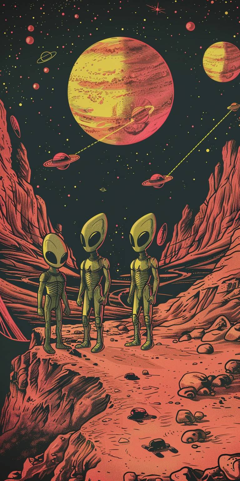 A coloring book cover image of aliens on Mars, full color, simple bold lines, suitable for coloring, detailed, hyperrealistic, psychedelic