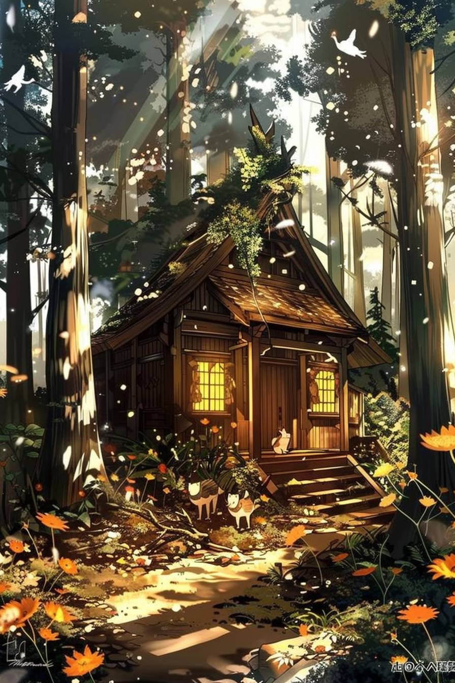 A small wooden cabin in a fairytale forest, surrounded by vibrant flowers and animals, with warm light shining through --ar 2:3 --sref 1875386846 --v 6.0