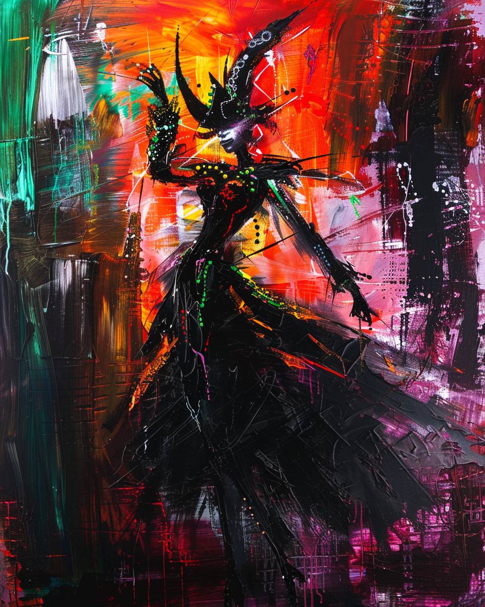 Stunning cyberpunk witch with a crown on her head, surrounded by neon lights, a mature lady with an hourglass figure, gorgeous black hair, fair skin, sleeveless latex outfit, tall height, dynamic posture, forced perspective, full-body on canvas