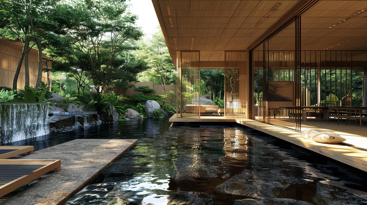 Large interior by Kengo Kuma, harmonious blend of natural elements and modern design, an eco-friendly structure, pools and falling water