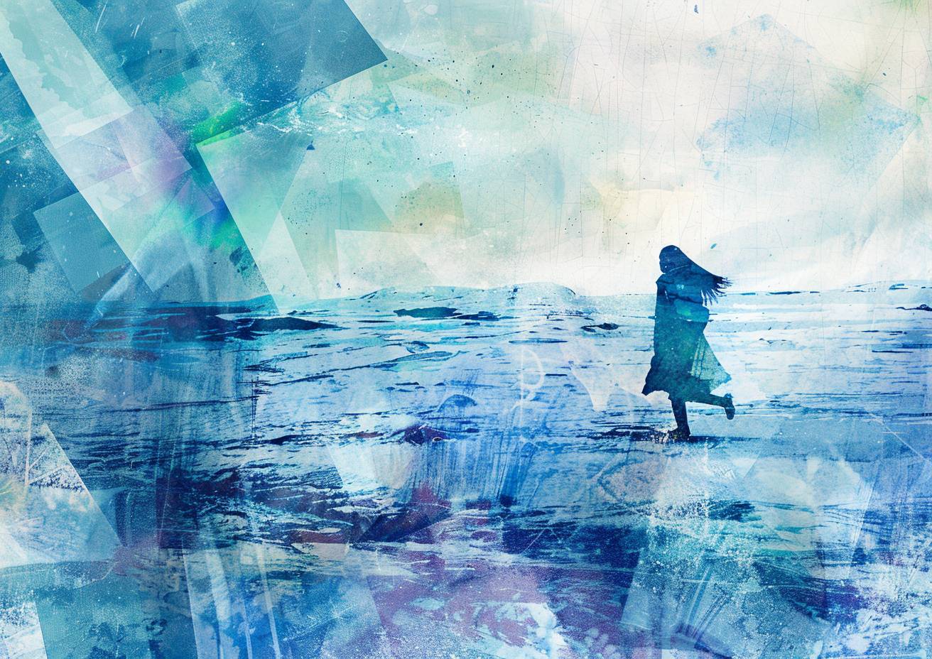 Abstract layered silkscreen print, an Inuit woman dances on the tundra under ethereal aurora nights, fragmented and distorted rectangles, large letters stencil overlay, low contrast palette, rough texture, flat image