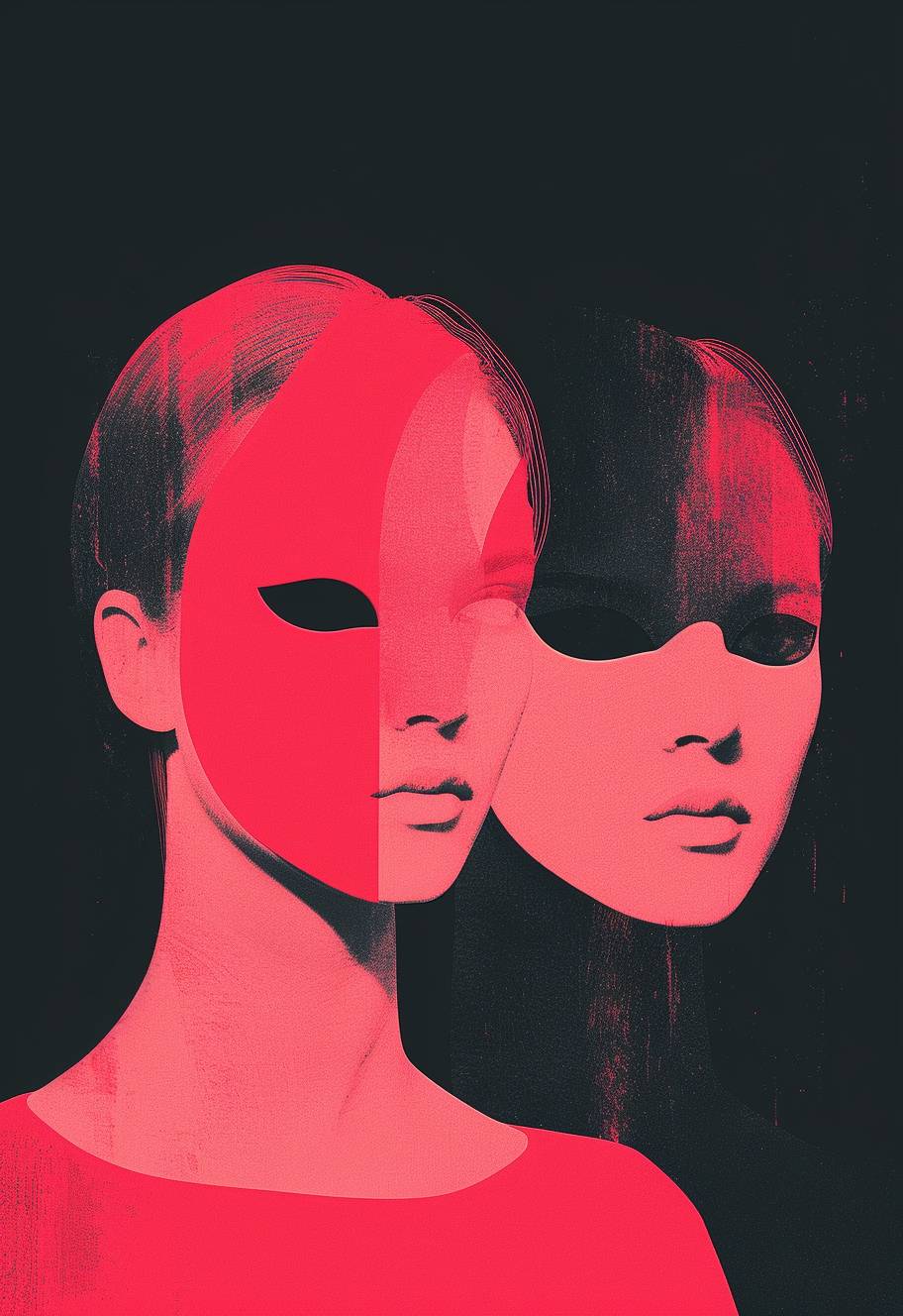 Minimalist retro illustration in the style of surreal two women with masks on their faces, pink and red color palette against a black background with dark contrast, minimalism featuring simple shapes in a surreal style.