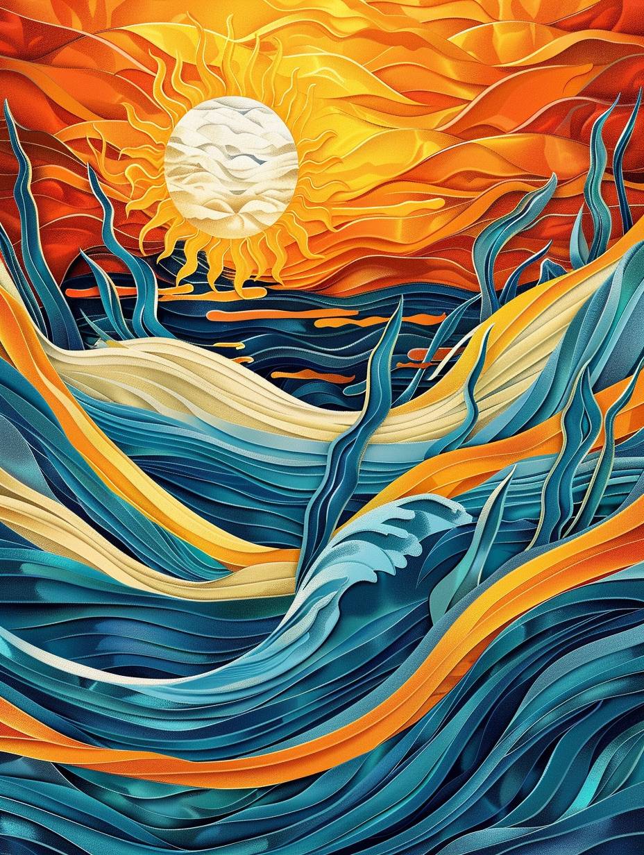 An abstract illustration representing a Sun, waves, aloe vera, in HENRI MATIISE style, yellow, blue, and orange colors --aspect ratio 3:4 --version 6.0