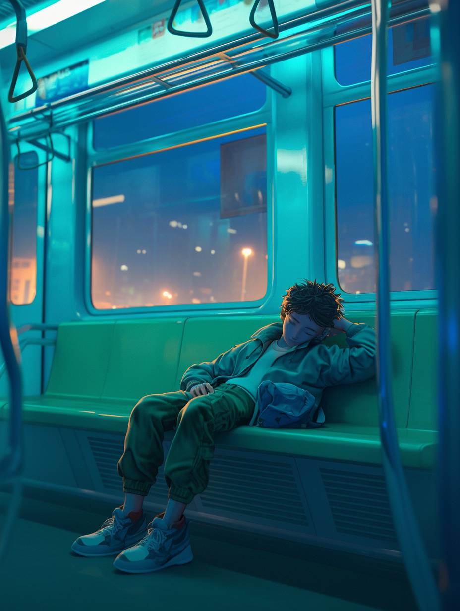 夜、男の子は仕事を終えて地下鉄に乗り、手すりにもたれて眠りに落ちました。車両内には彼だけで、窓の外には夜の街並みが広がっており、シンプルな光景です。高解像度で明るい色彩、高いディテール、高品質の3D --ar 3:4 --niji 6