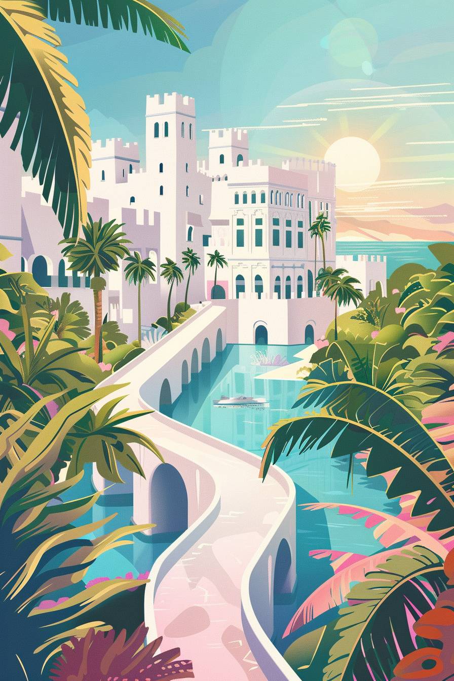 A view of a massive hotel in the architecture of a white castle, with background featuring palm and other trees, in the style of cubism. There's a detailed curved road between the castle and the ocean, with the sun shining bright from above. The water is turquoise, and the white walls and windows resemble a modern castle, in minimalist and vintage poster style akin to Paul Catherall. The colorful illustration presents rolling hills with trees and colorful flowers in the background, with rainbow gradients, in the style of Brian Dtelfreeze.