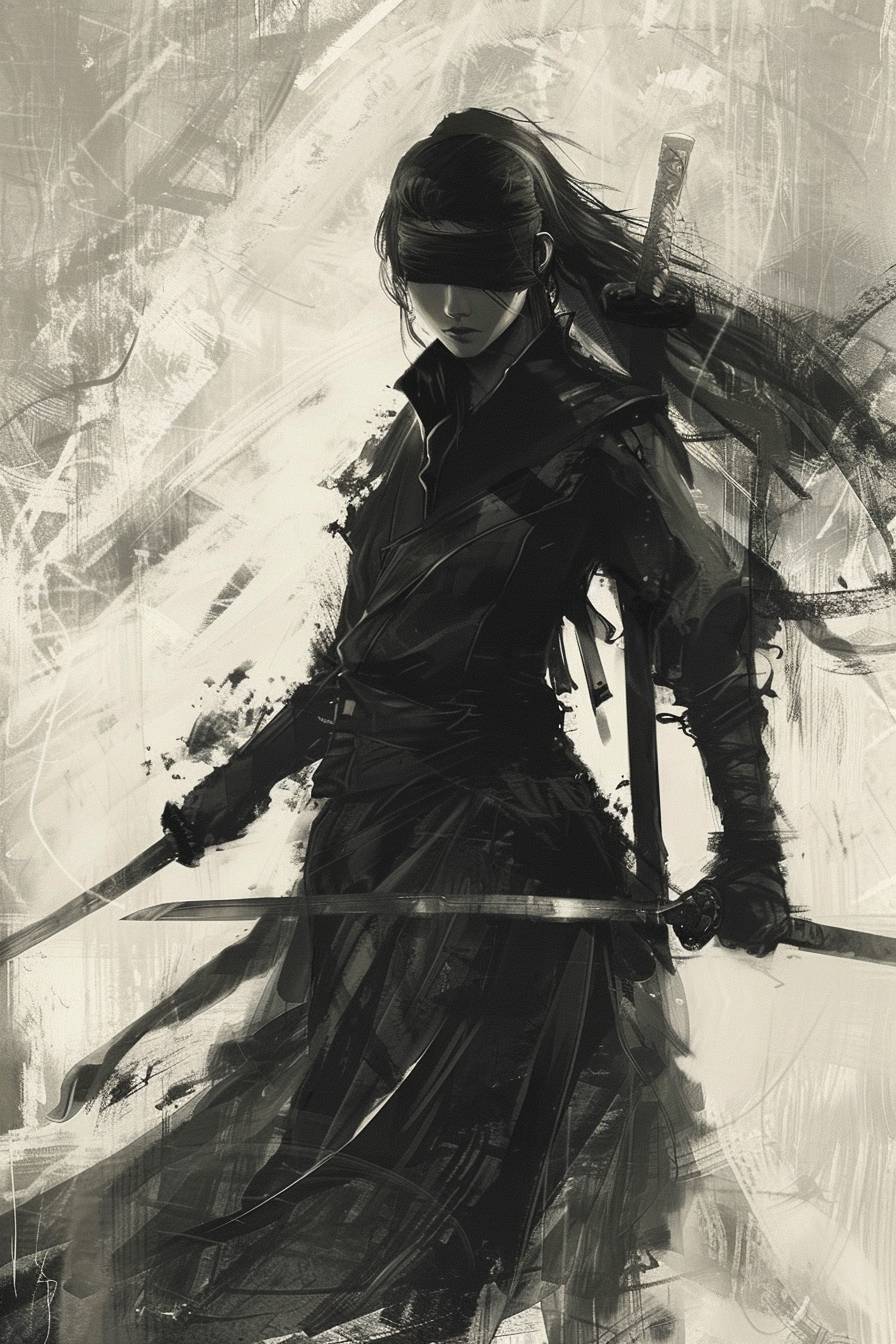 眼帯をした女性忍者、2本の剣を持ち、流れるような衣装、傷跡、榎本英彦のアートスタイル --ar 2:3 --c 2 --v 6.0