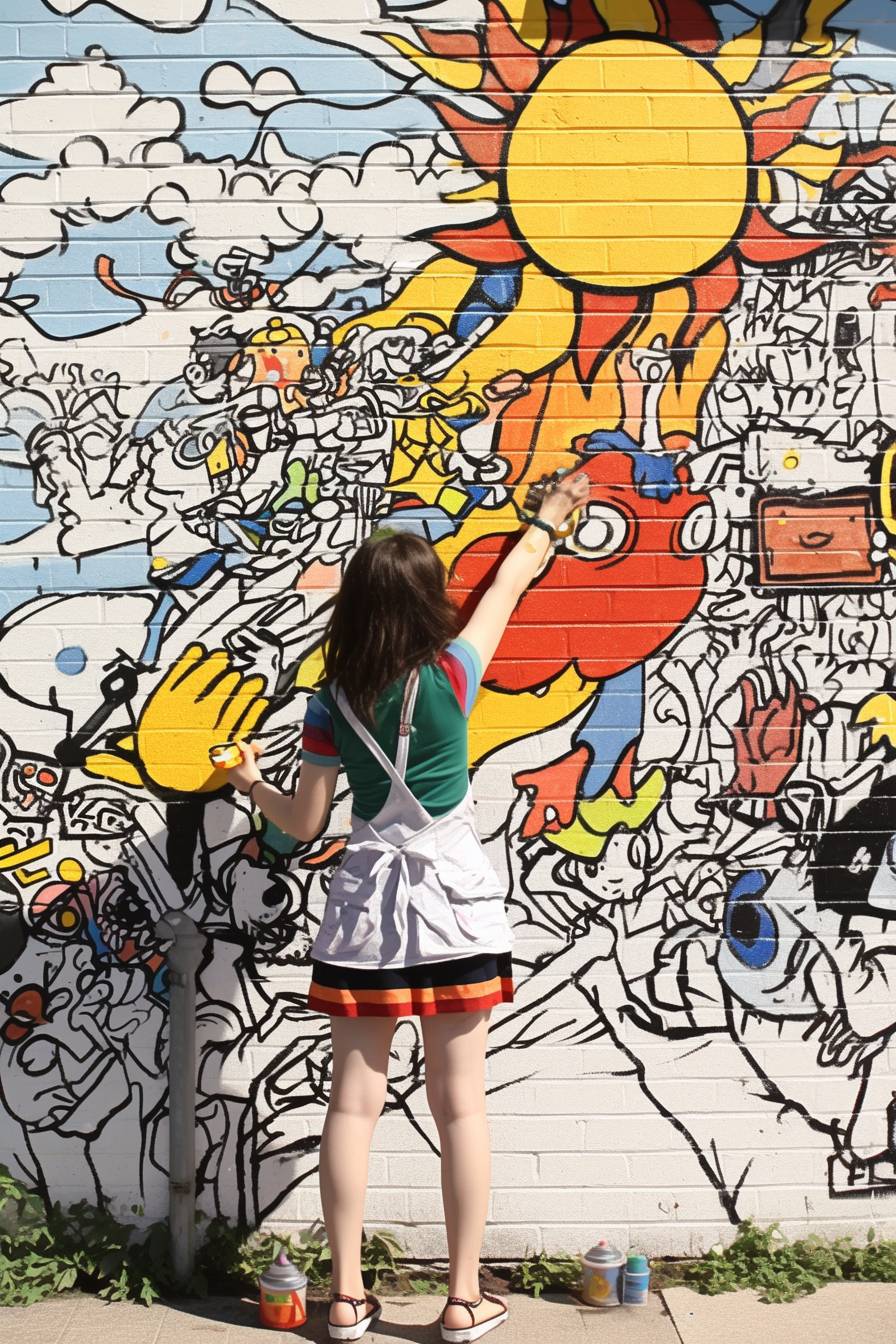 鮮やかなストリートアートシーン。レンガの壁にカラフルな壁画を描く女の子が、活気溢れる創造的な都市環境を捉えている