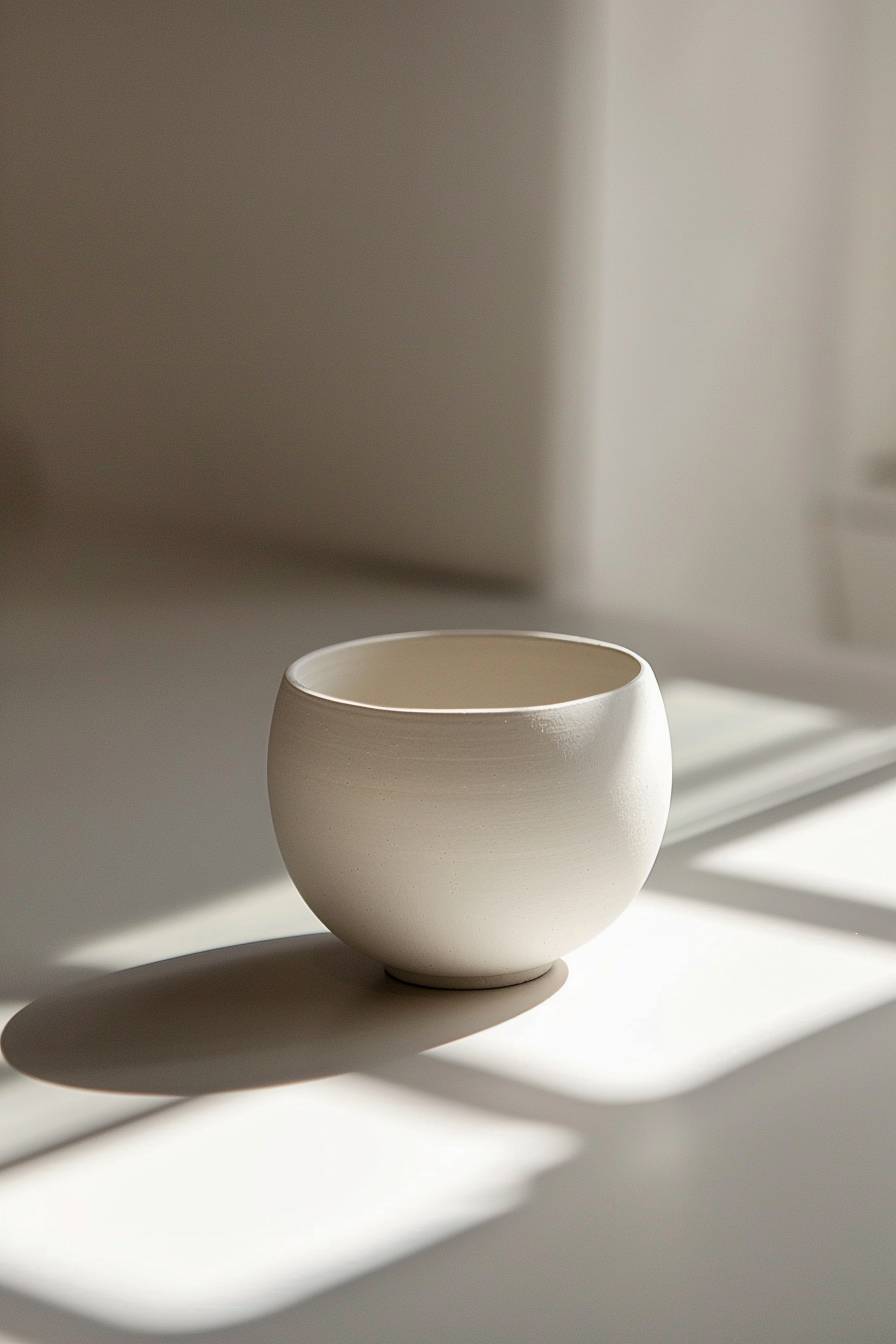 There is a white clay sculpture teacup in the center of the picture, a three-dimensional spherical shape, light white and light beige, Cheng Yanjun, surface flatness, white and gray, high-resolution photography.